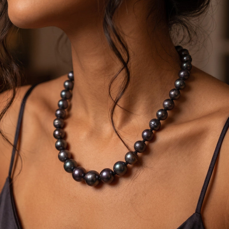 Peacock pearl necklace worn