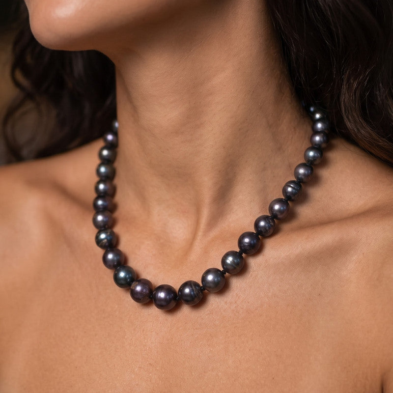 Peacock pearl necklace worn