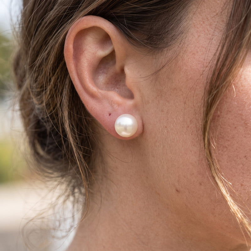 9mm white pearl studs worn